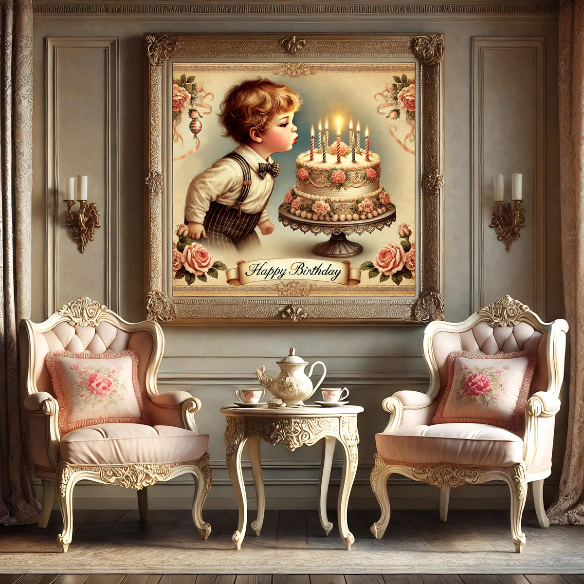 Victorian Birthday Boy Print: Antique Cake Art, Party Decor (Digital Download)