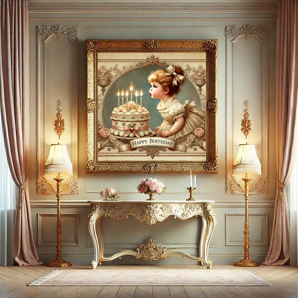 Victorian Birthday Girl Print: Cake & Candles, Vintage Party Decor (PNG Download)