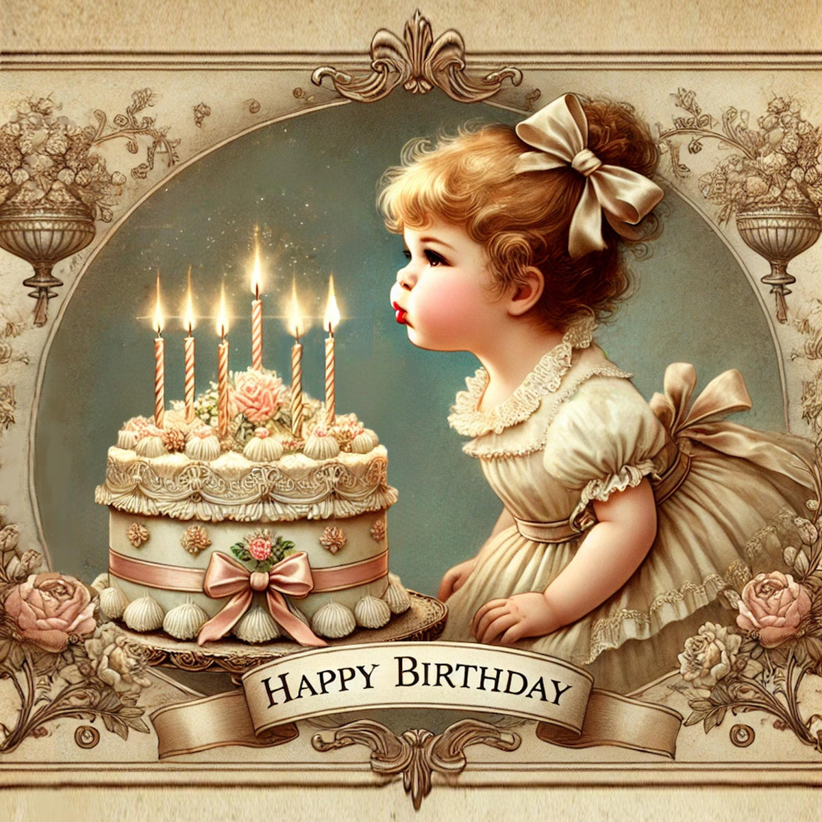 Victorian Birthday Girl Print: Cake & Candles, Vintage Party Decor (PNG Download)