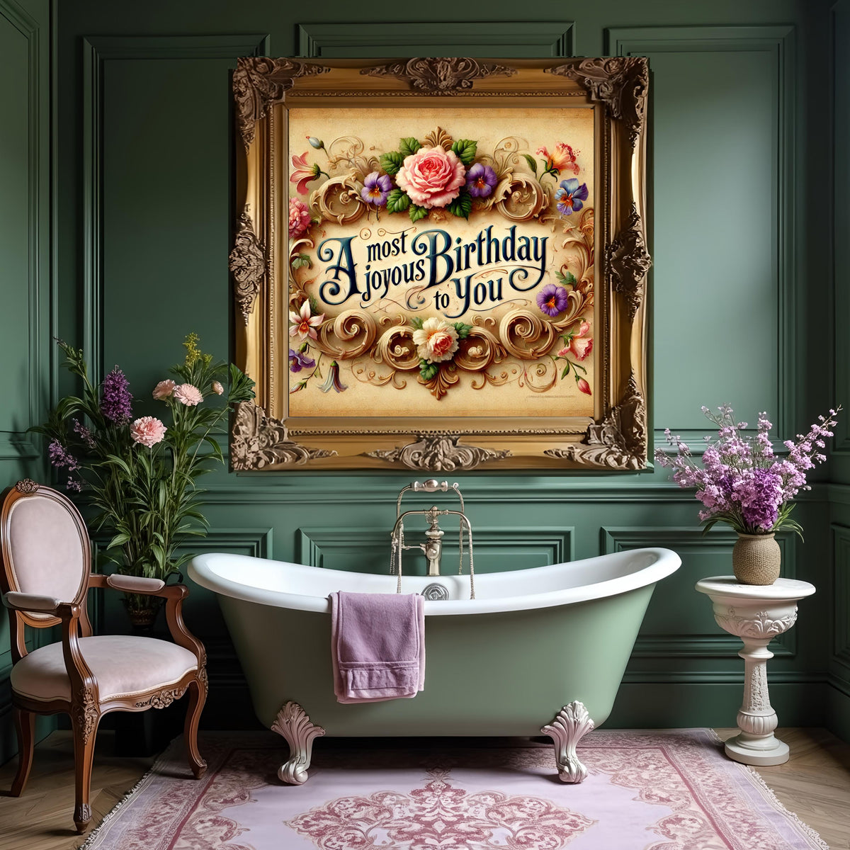 Vintage Floral Birthday Sign: Ornate Victorian Scrollwork (Digital Download)