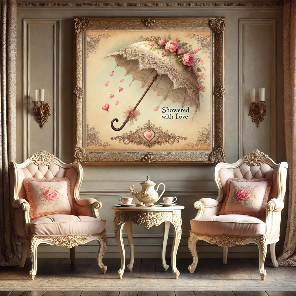 Vintage Bridal Shower Print: Lace Umbrella, Hearts (Digital Download)