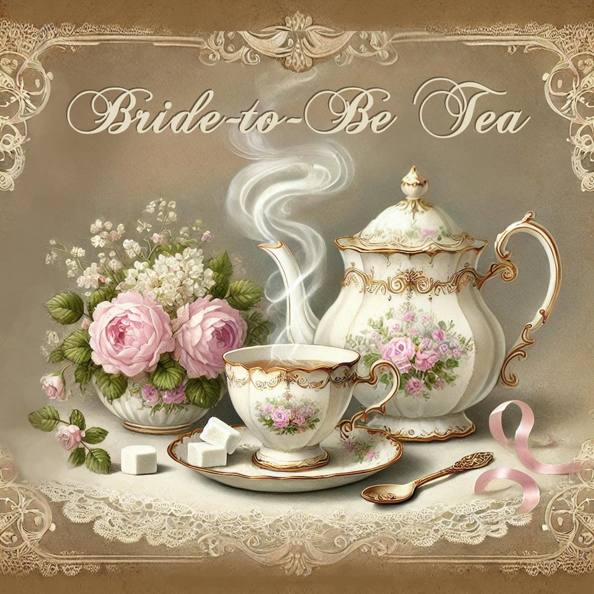Vintage Bridal Shower Print: Pink Rose Tea Set Decor (Digital Download)