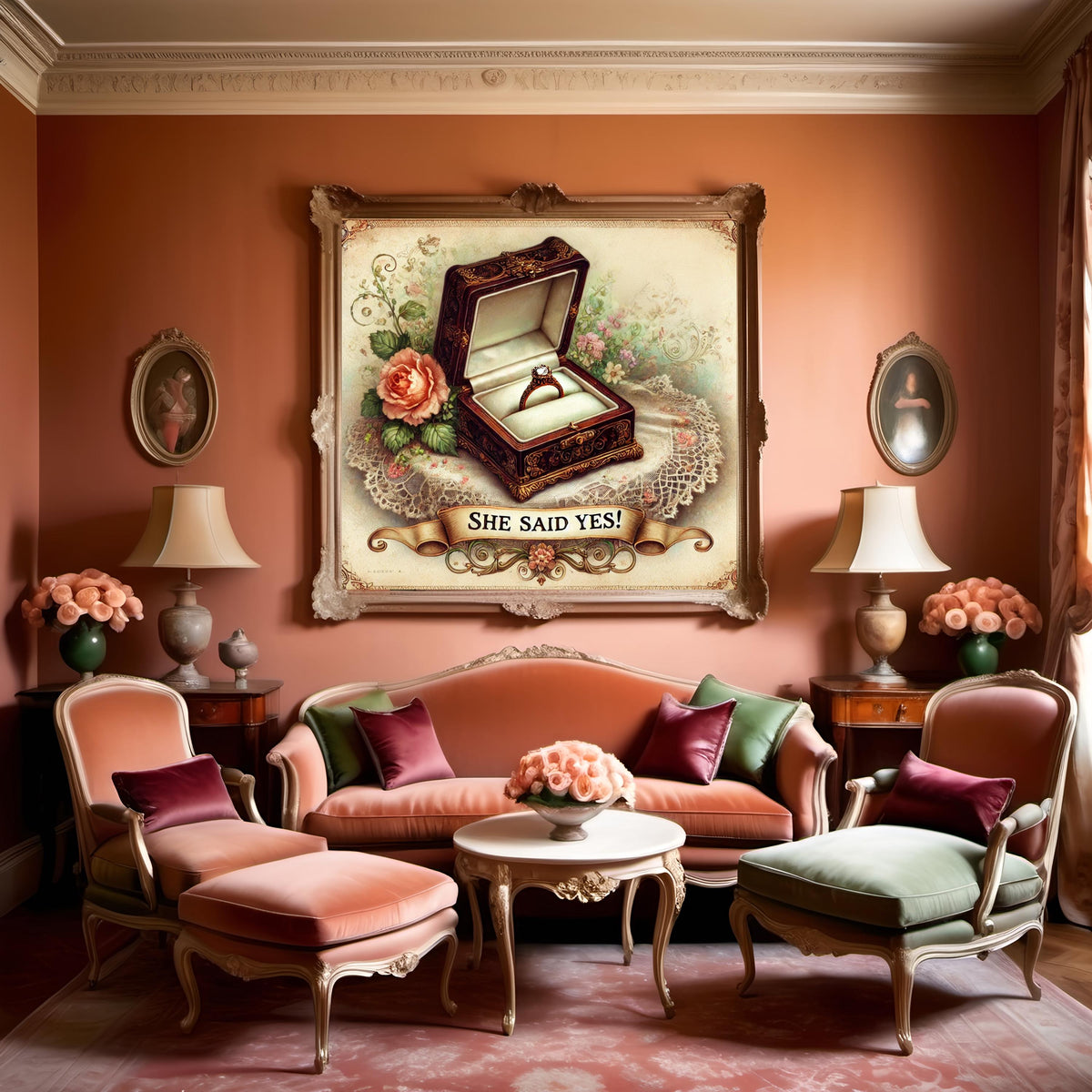 Vintage Engagement Ring Art Print: She Said Yes, Victorian Floral (Digital Download)
