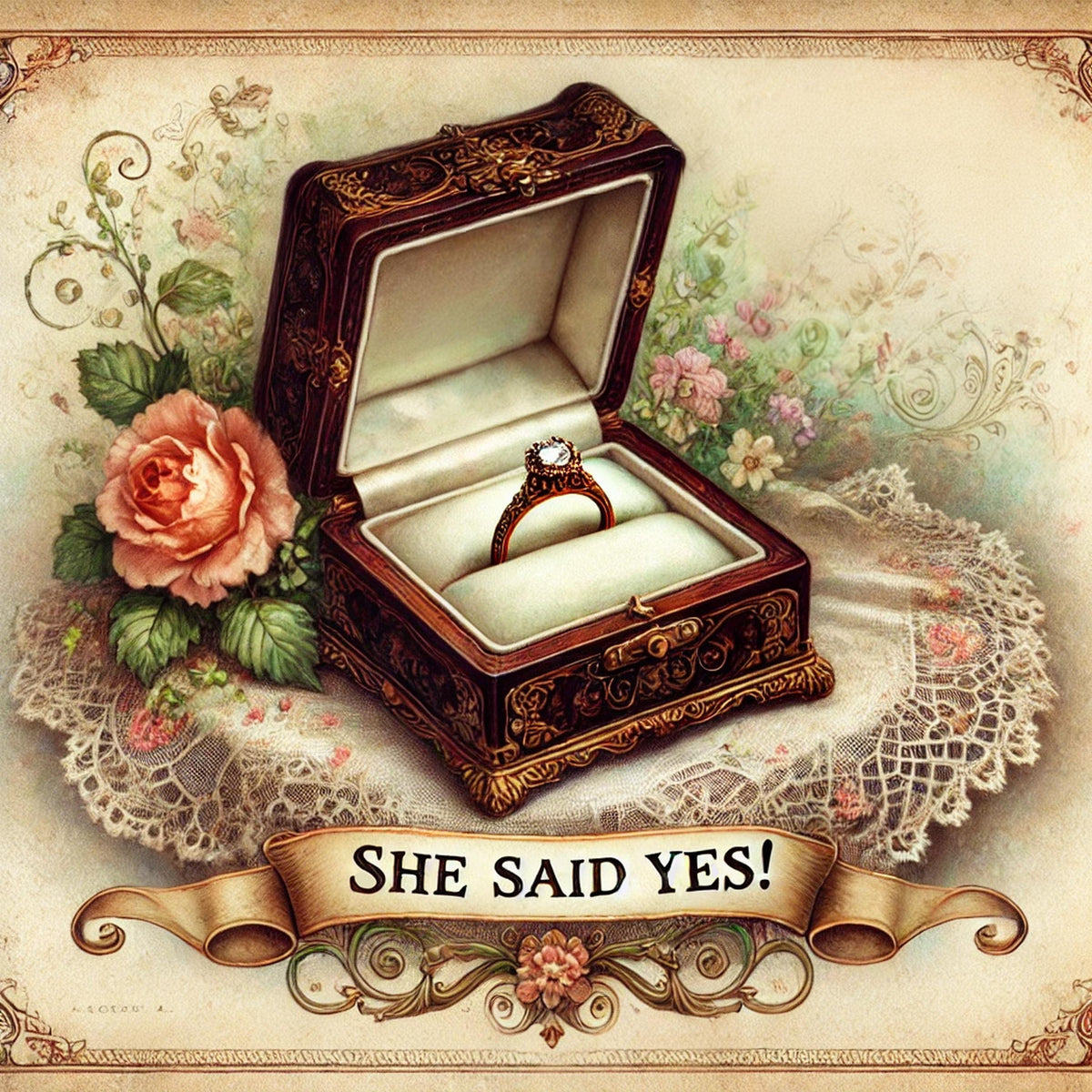 Vintage Engagement Ring Art Print: She Said Yes, Victorian Floral (Digital Download)