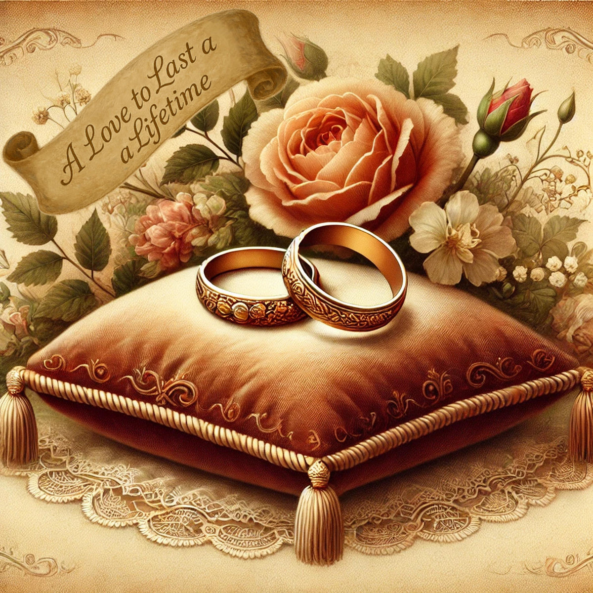 Vintage Wedding Rings Art Print, Romantic Floral Cushion (Digital Download)