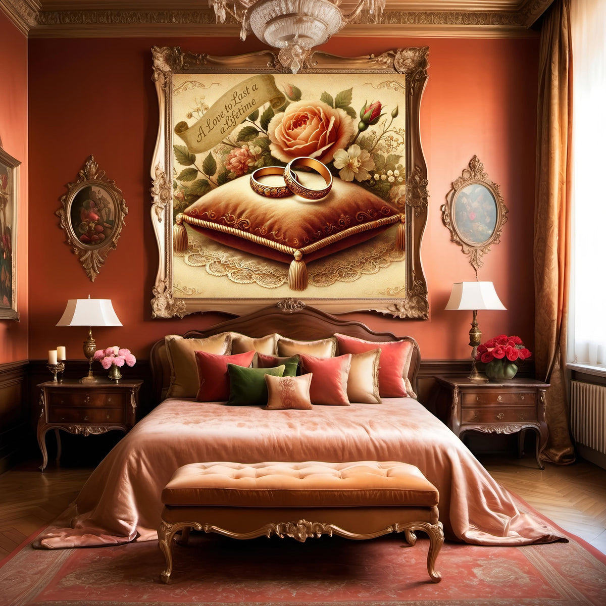 Vintage Wedding Rings Art Print, Romantic Floral Cushion (Digital Download)
