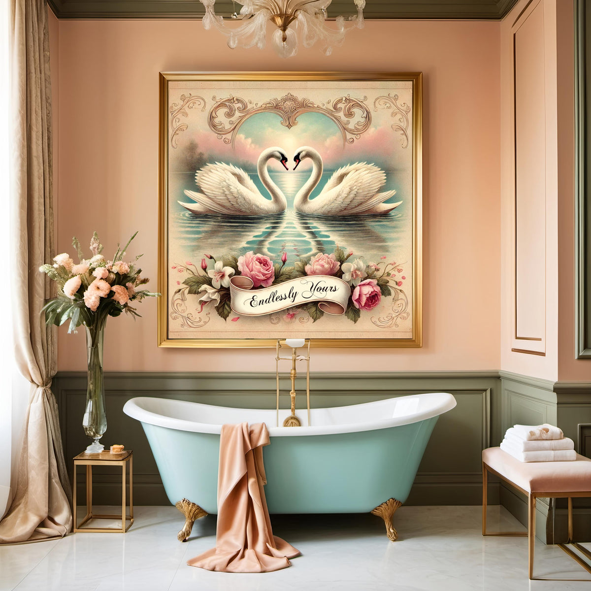 Swan Couple Vintage Romantic Print: Heart-Shaped Swans Anniversary Art (Digital Download)