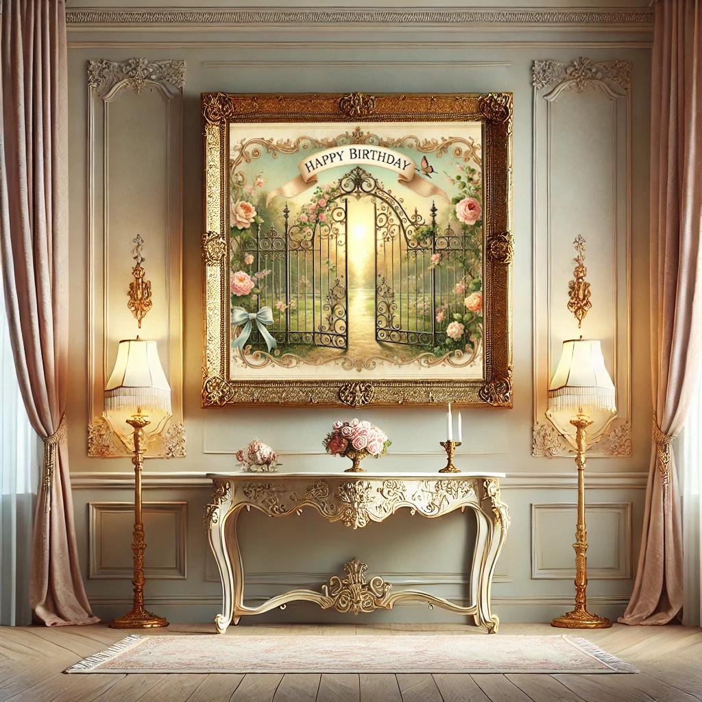 Vintage Birthday Garden Gate Print: Ornate Floral Digital Art