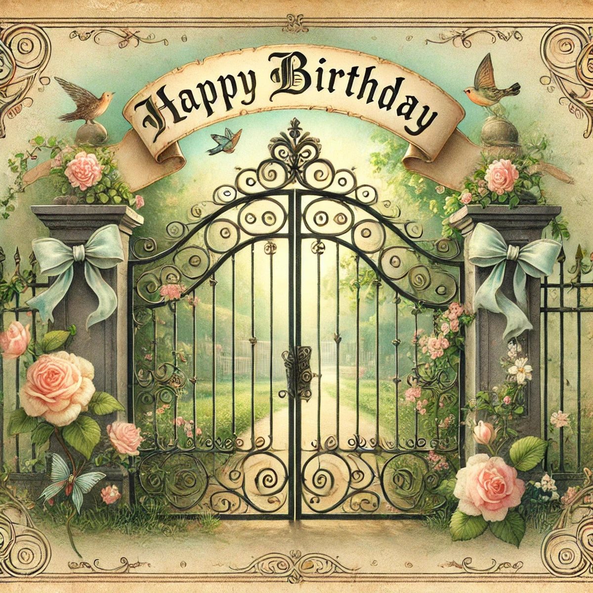 Vintage Birthday Garden Gate Print: Ornate Floral Wall Art (Digital Download)