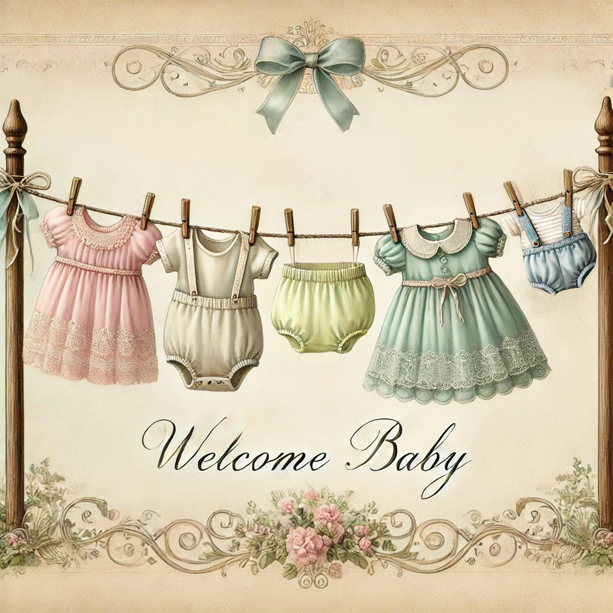 Vintage Baby Clothesline Art Print: Pastel Nursery Decor (Digital Download)
