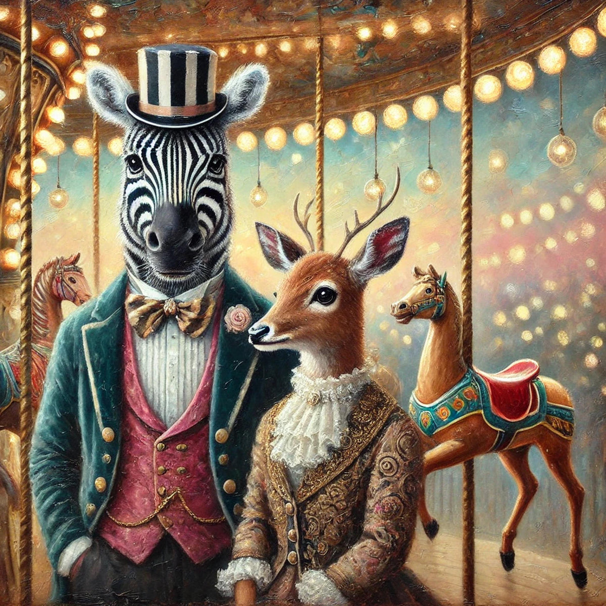 Carousel Animal Print: Zebra & Deer Couple - Vintage Carnival Art (Digital Download)