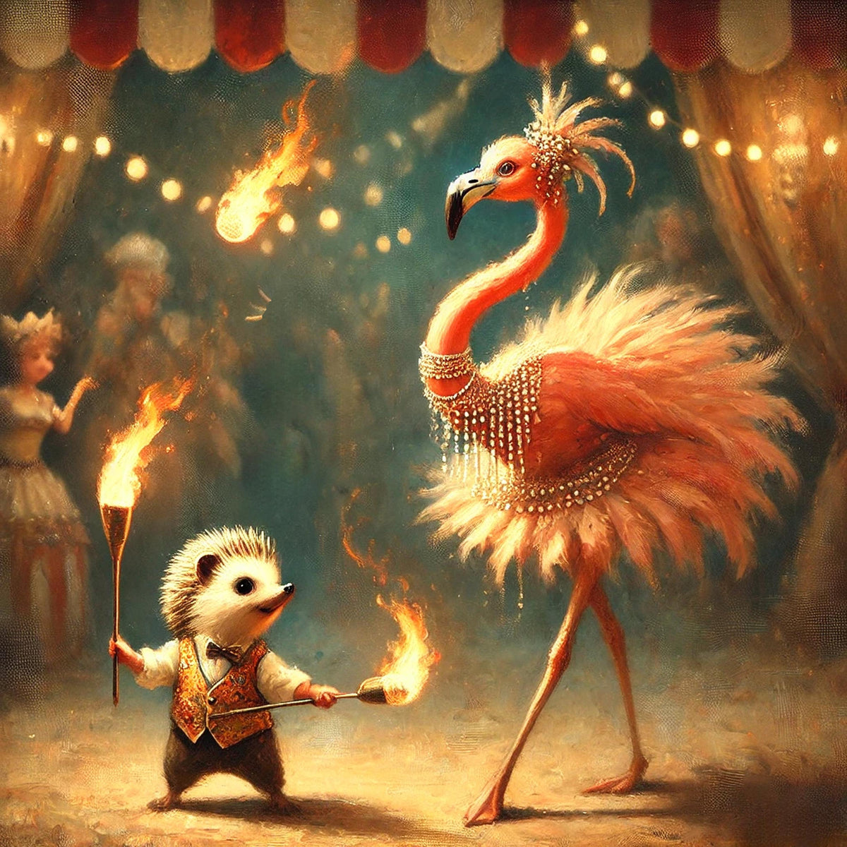 Flamingo Ballerina & Hedgehog Fire Juggler Print: Whimsical Circus Art (Digital Download)