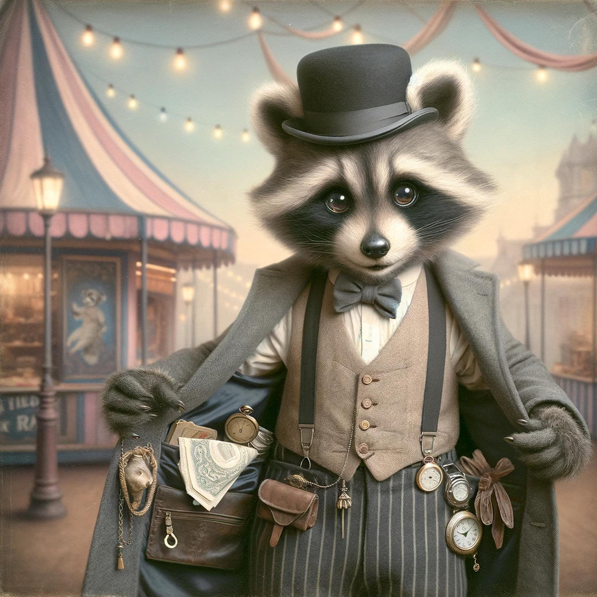 Raccoon Pickpocket Art Print: Vintage Carnival Animal (Digital Download)