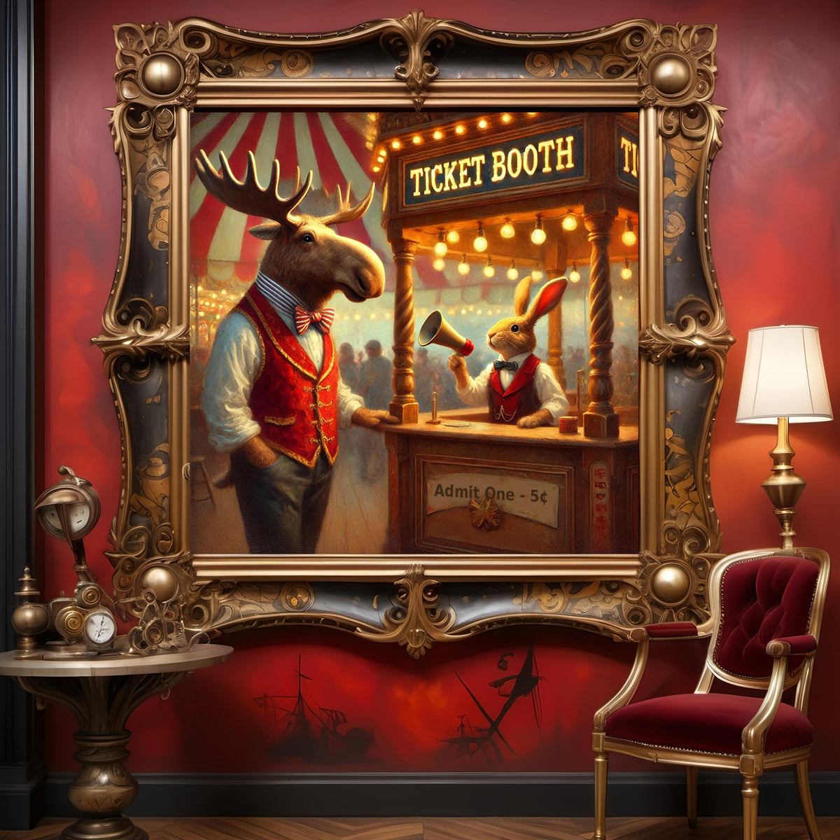 Vintage Carnival Print: Moose & Rabbit Ticket Booth (Digital Download)