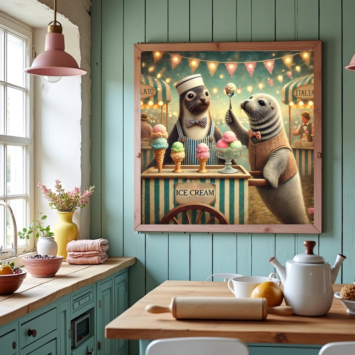 Whimsical Seal Ice Cream Print: Vintage Carnival Dessert Art (Digital Download)