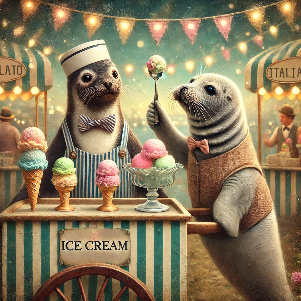 Whimsical Seal Ice Cream Print: Vintage Carnival Dessert Art (Digital Download)