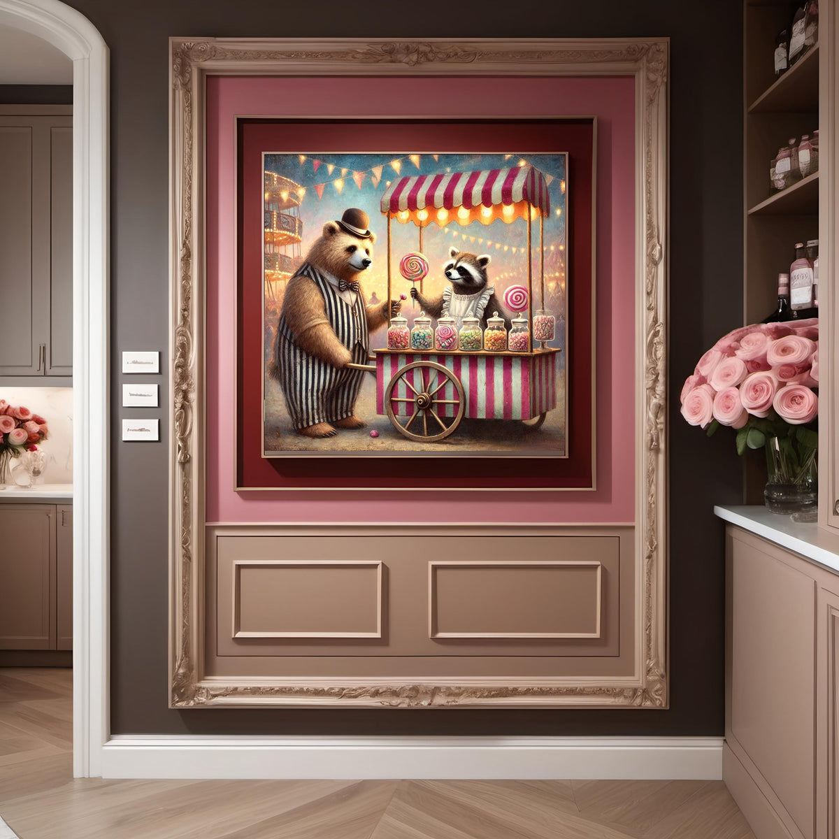 Vintage Carnival Bear and Raccoon Print: Whimsical Candy Cart Art (Digital Download)