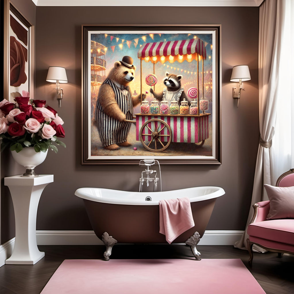 Vintage Carnival Bear and Raccoon Print: Whimsical Candy Cart Art (Digital Download)