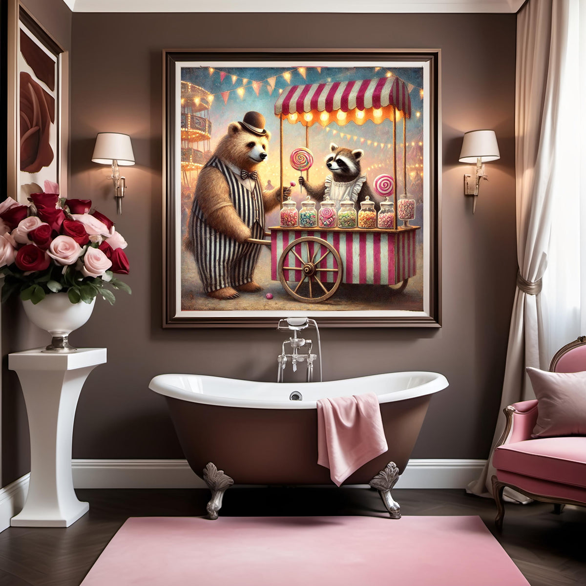 Vintage Carnival Bear and Raccoon Print: Whimsical Candy Cart Art (Digital Download)