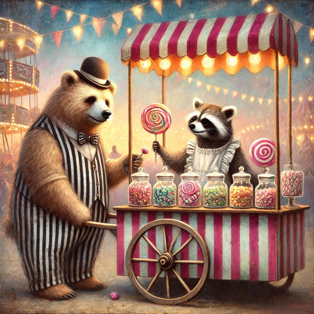Vintage Carnival Bear and Raccoon Print: Whimsical Candy Cart Art (Digital Download)