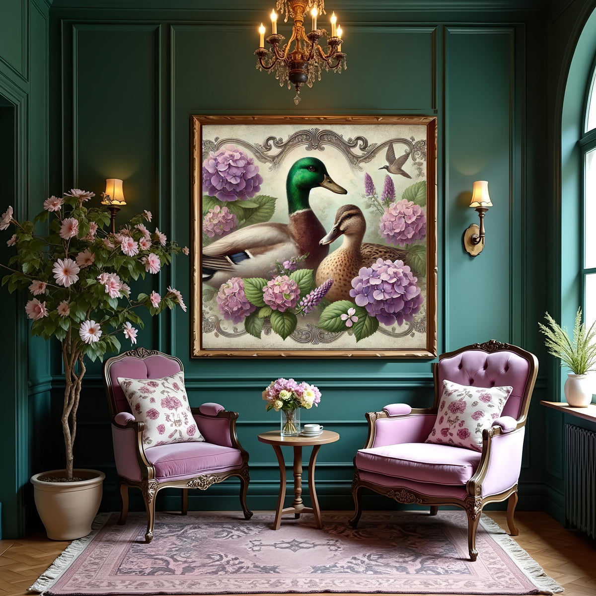 Vintage Mallard Ducks Print: Hydrangea Pond Scene (Digital Download)