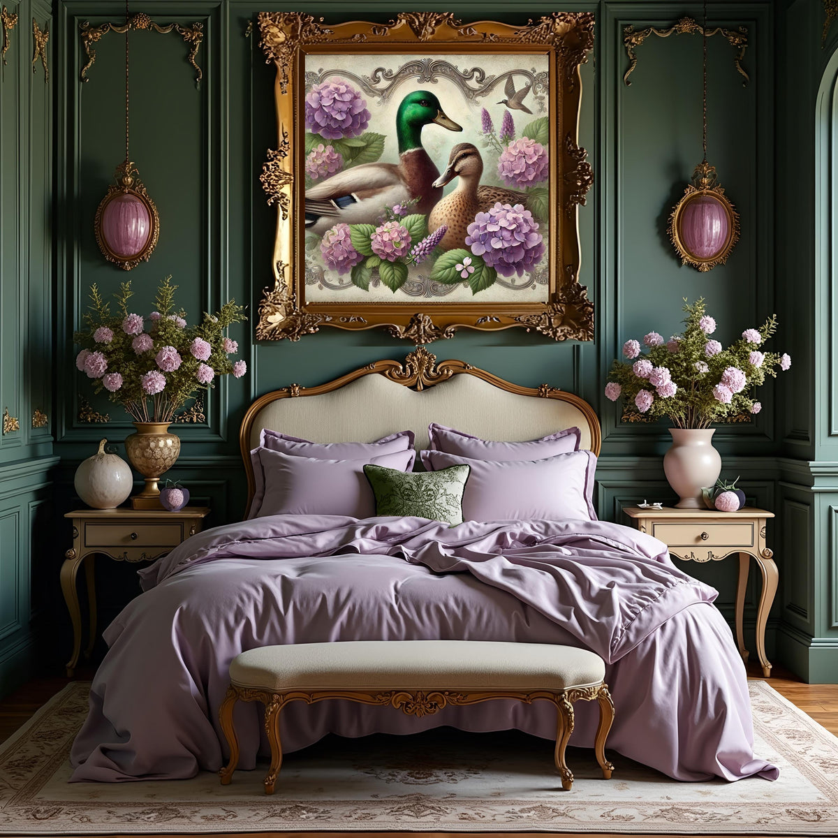 Vintage Mallard Ducks Print: Hydrangea Pond Scene (Digital Download)