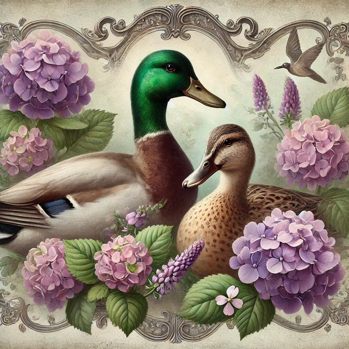 Vintage Mallard Ducks Print: Hydrangea Pond Scene (Digital Download)