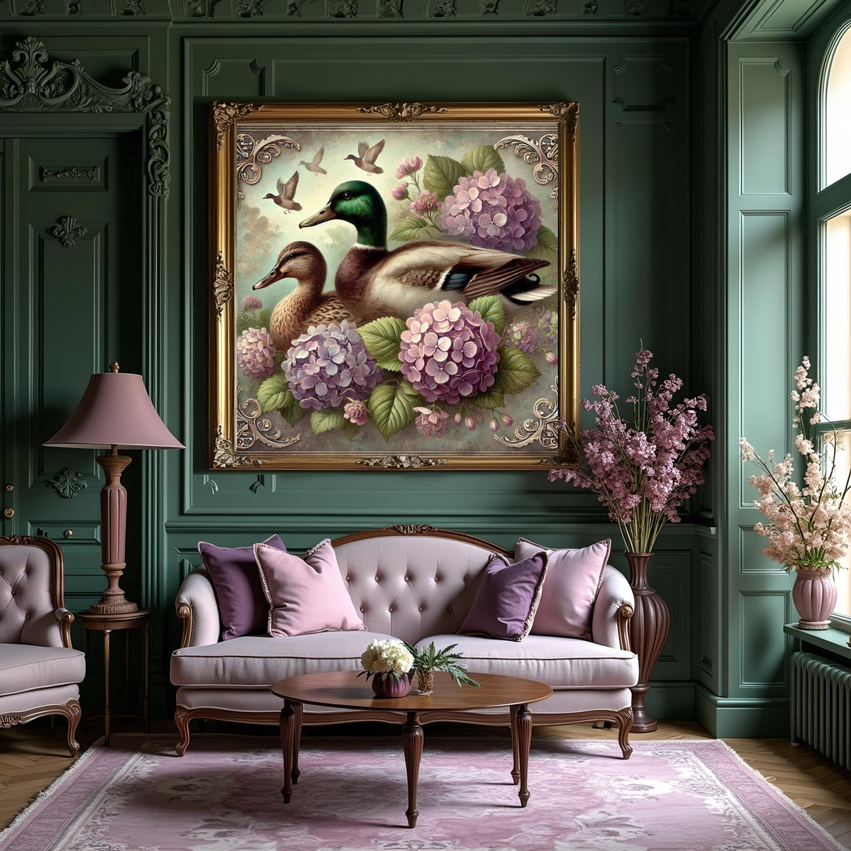 Victorian Mallard Duck Print: Hydrangea Pond Scene (Digital Download)
