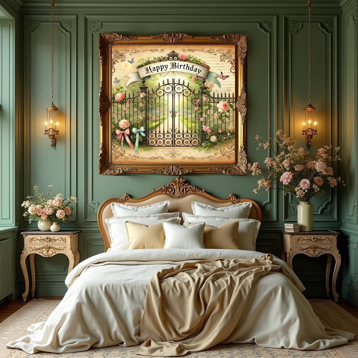 Vintage Happy Birthday Garden Gate Print: Ornate Floral Digital Art (PNG Download)