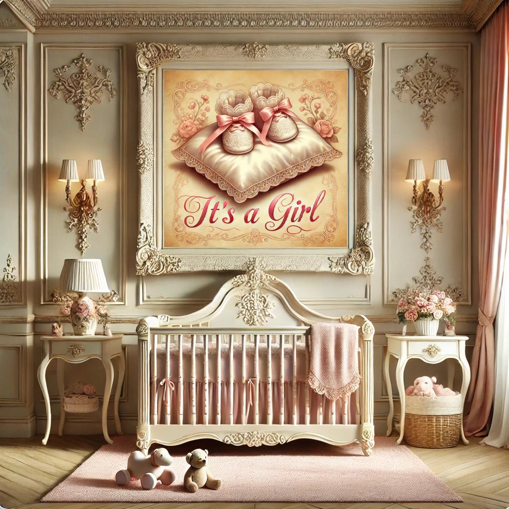 It's a Girl Vintage Baby Announcement: Pink Booties Nursery Art (Digital Download)