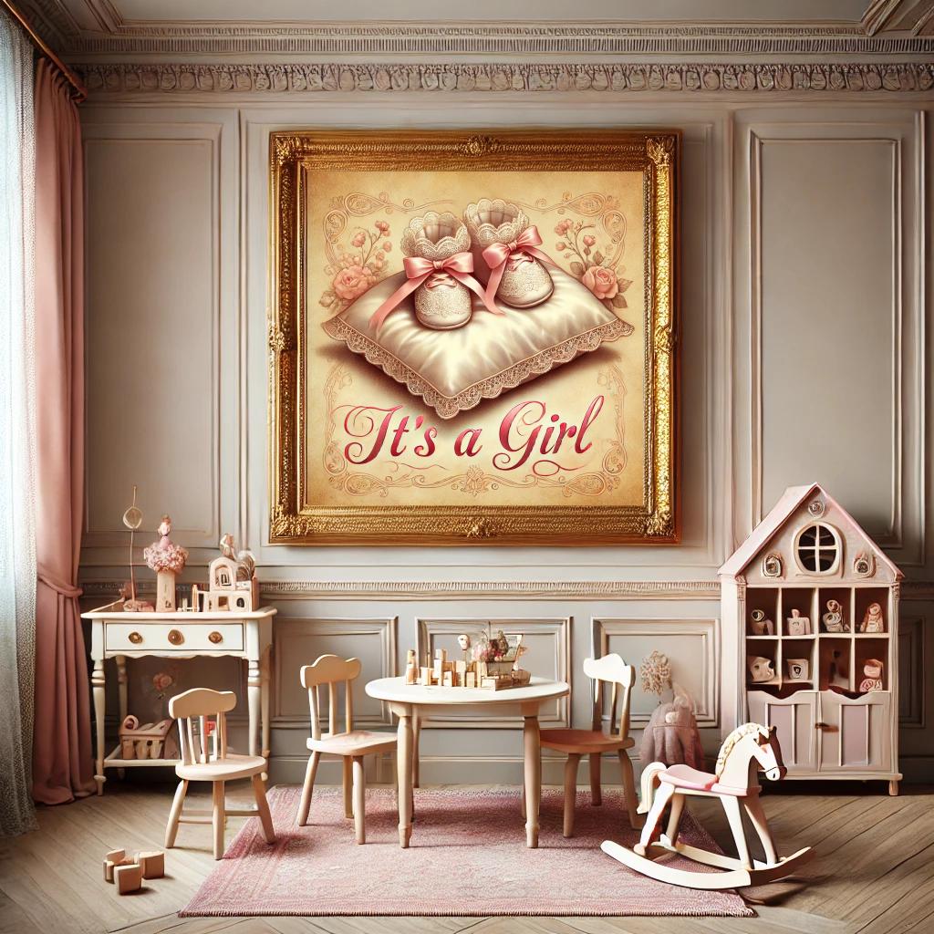 It's a Girl Vintage Baby Announcement: Pink Booties Nursery Art (Digital Download)