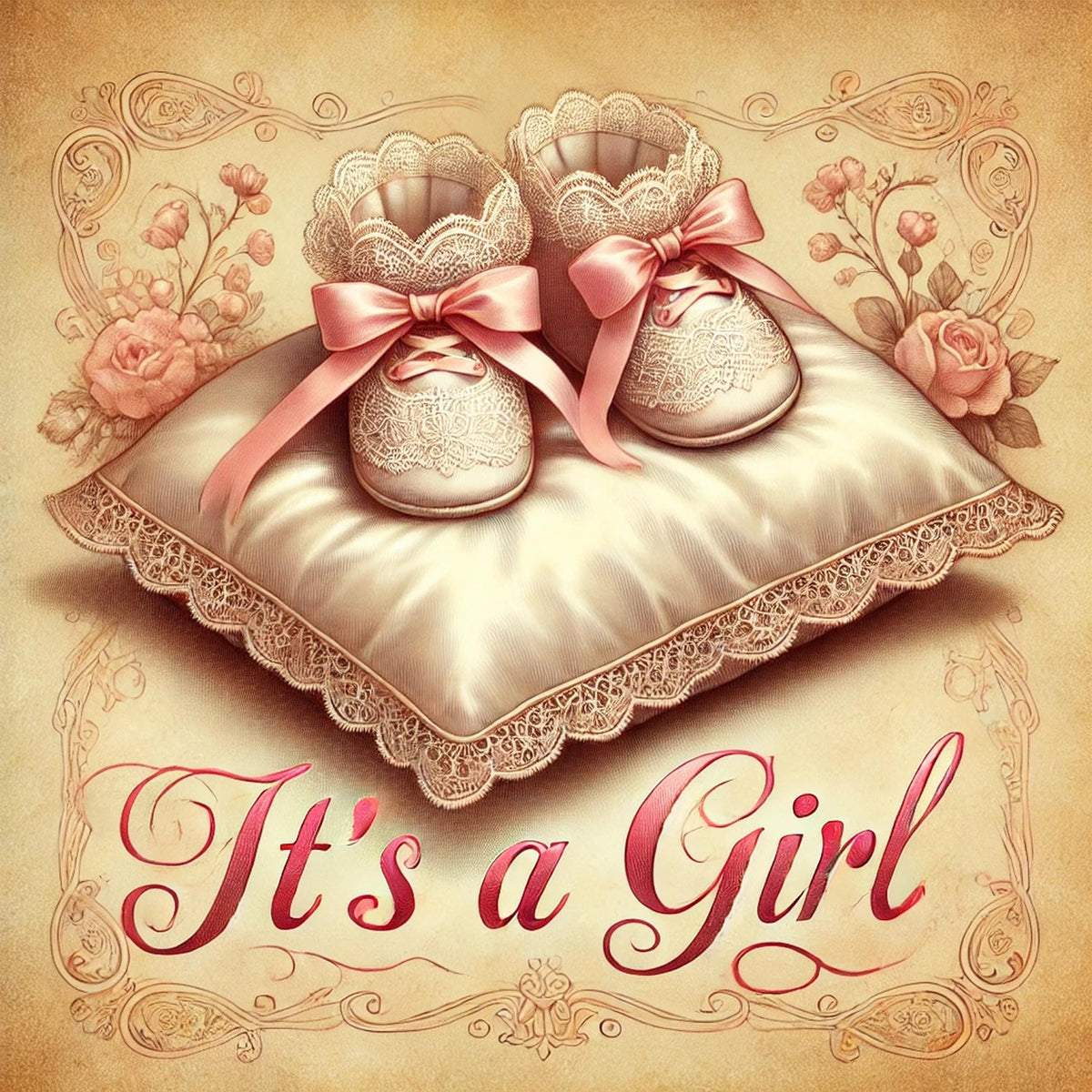 It's a Girl Vintage Baby Announcement: Pink Booties Nursery Art (Digital Download)