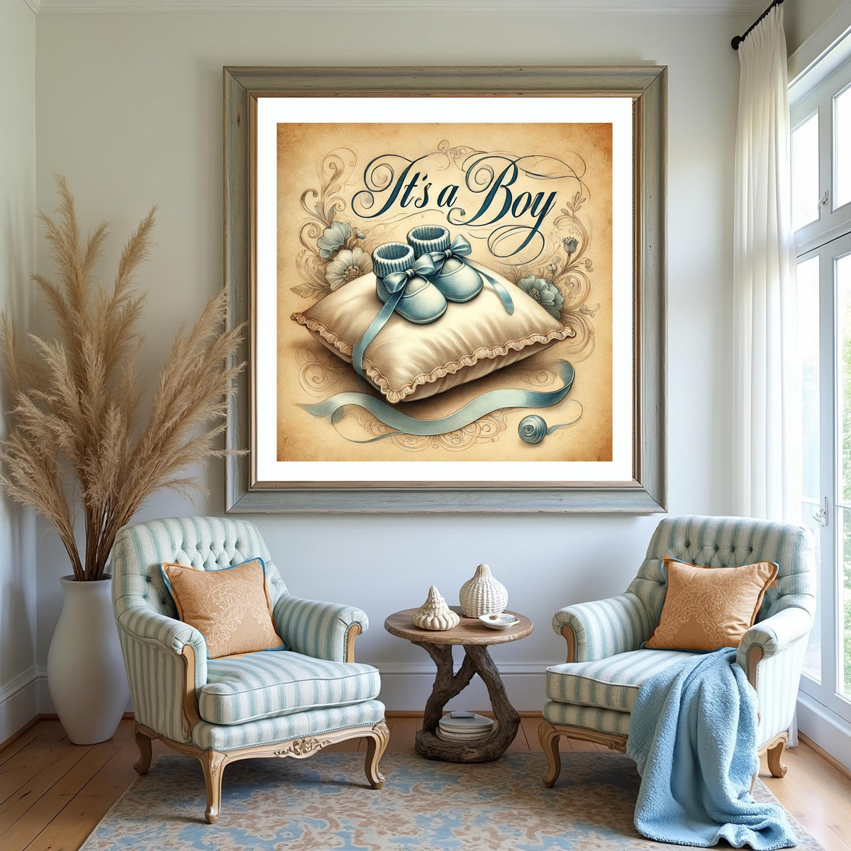 Vintage It's A Boy Print: Blue Booties, Victorian Baby Shower Decor (Digital Download)