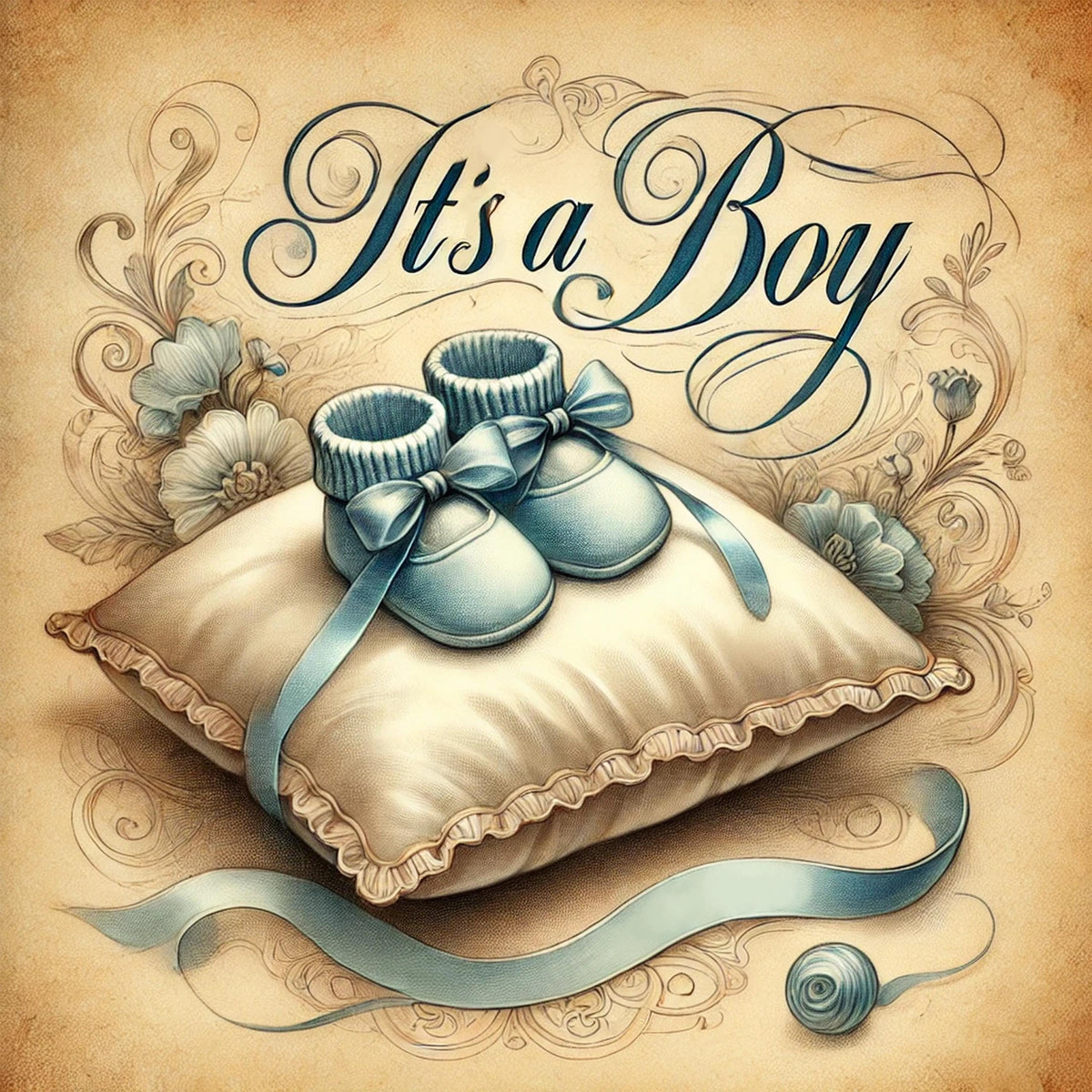Vintage It's A Boy Print: Blue Booties, Victorian Baby Shower Decor (Digital Download)