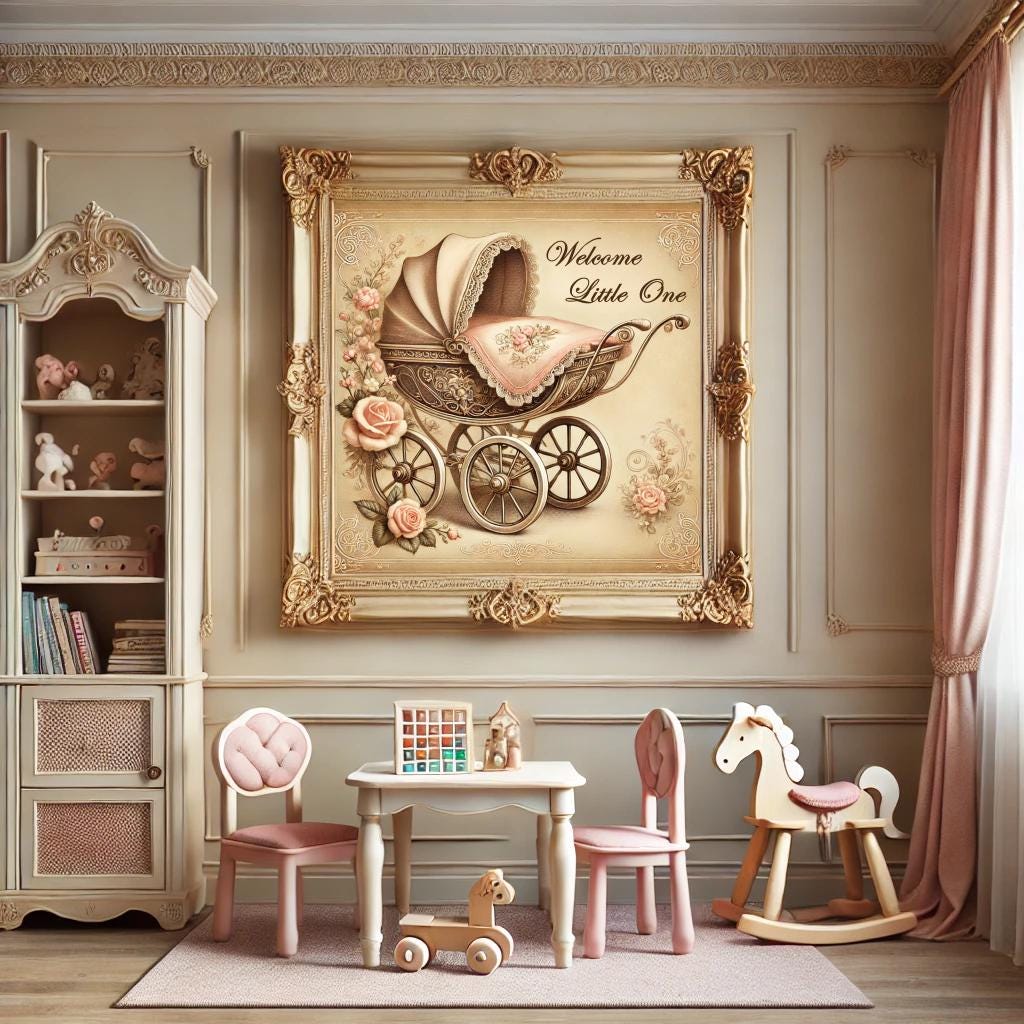 Vintage Baby Pram Print: Pink Antique Carriage Nursery Decor (Digital Download)