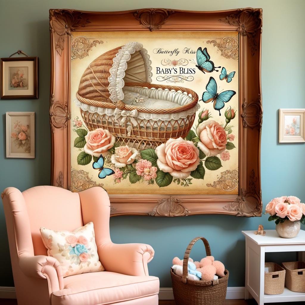 Vintage Butterfly Baby Print: Nursery Bassinet Art (Digital Download)