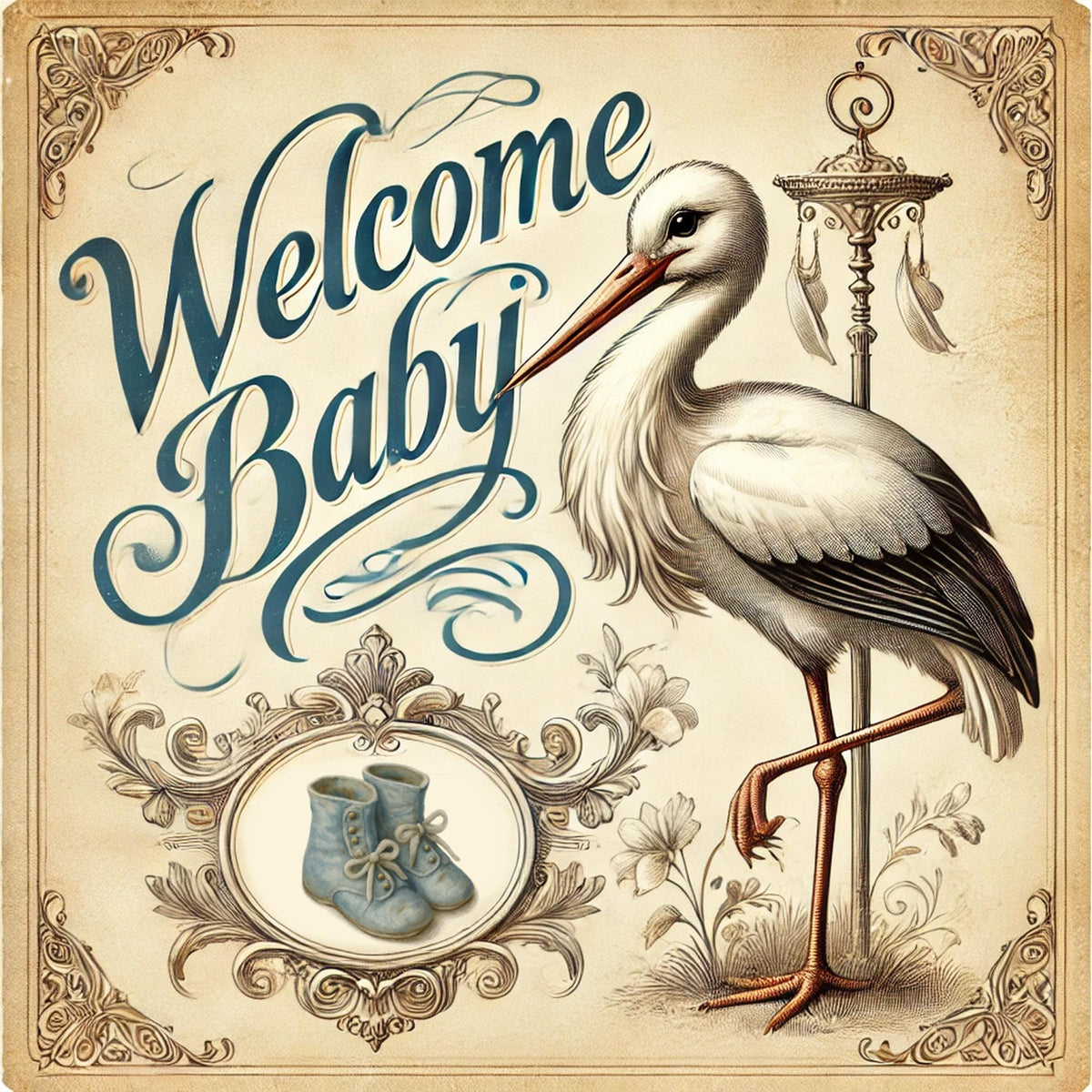 Vintage Stork Welcome Baby Print: Nursery Wall Art (Digital Download)
