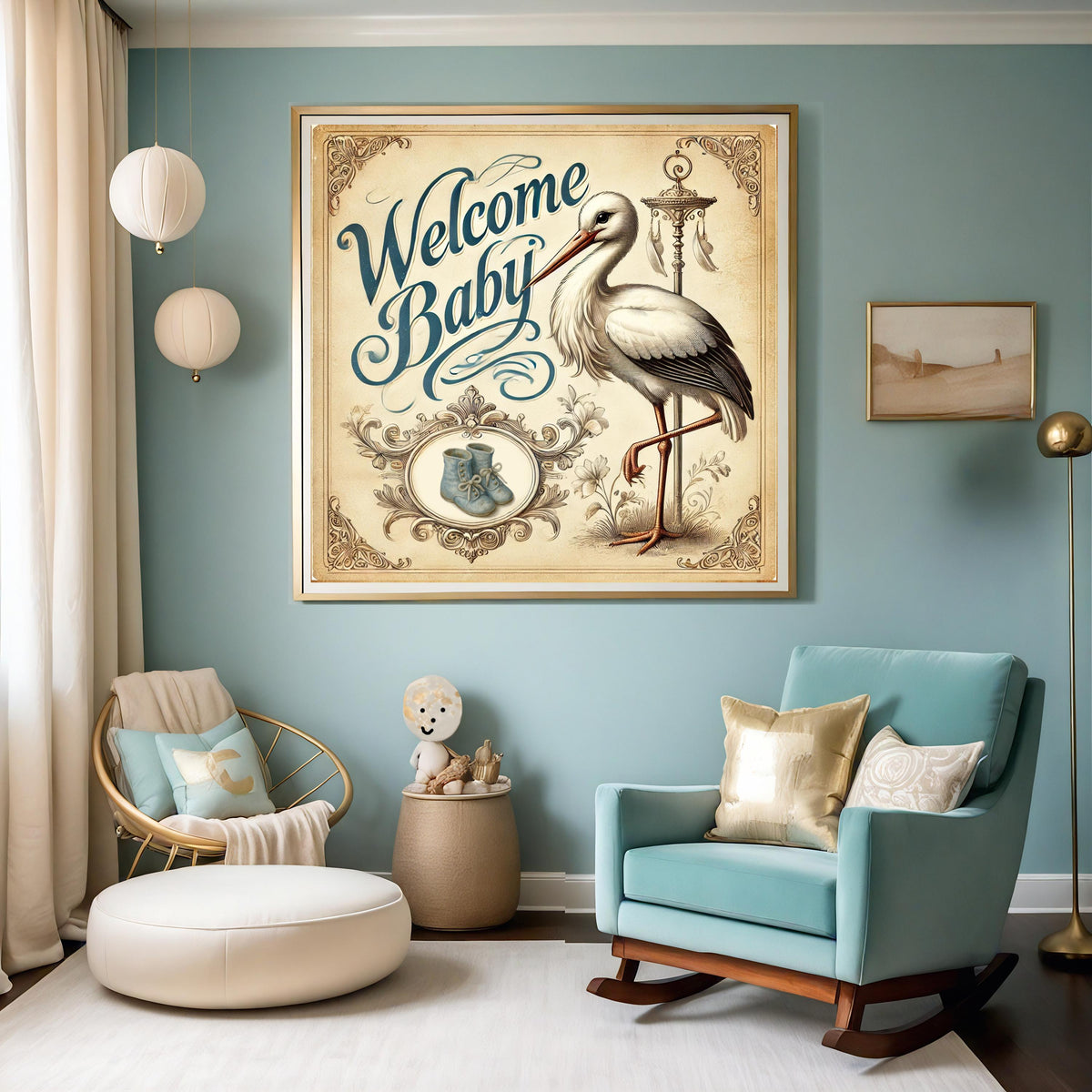 Vintage Stork Welcome Baby Print: Nursery Wall Art (Digital Download)