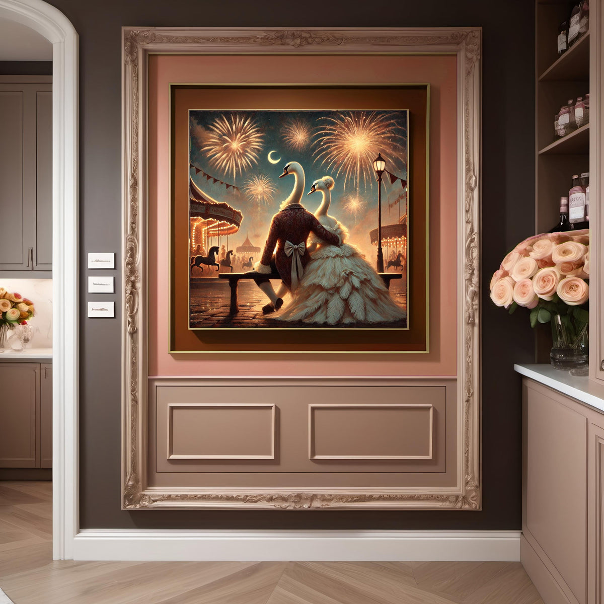 Swan Couple Carnival Print: Romantic Anthropomorphic Animal Art (Digital Download)