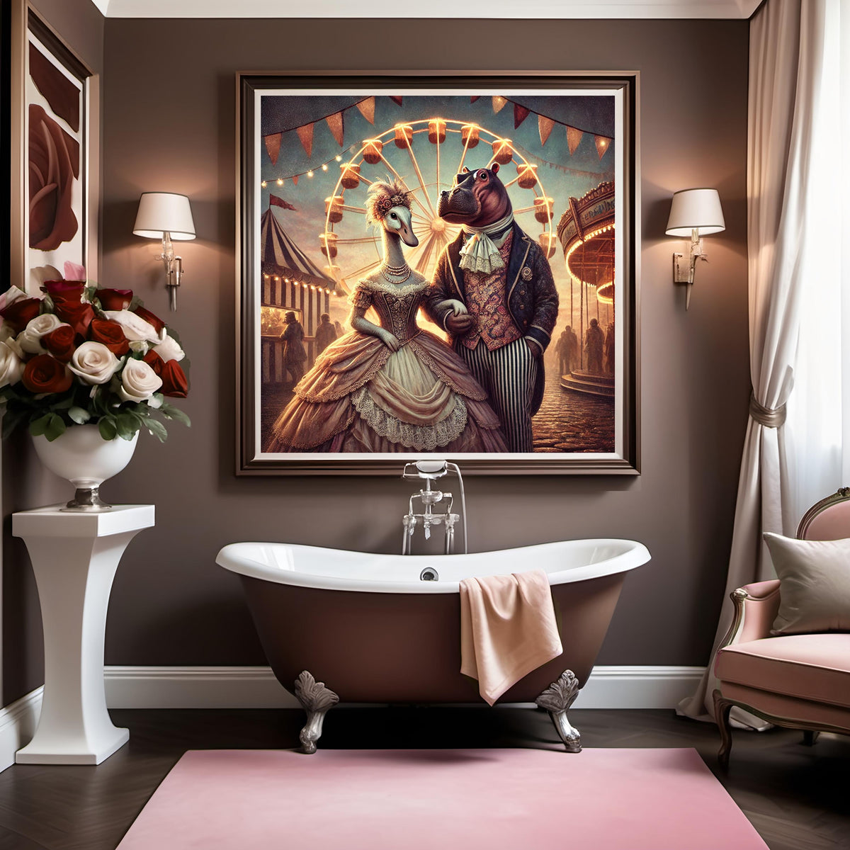 Vintage Swan and Hippo Carnival Print: Romantic Anthropomorphic Art (Digital Download)
