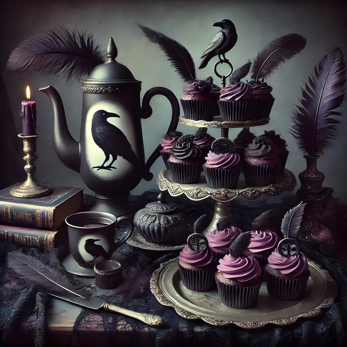 Gothic Raven Tea Party Art Print: Dark Romantic Halloween Decor (Digital Download)
