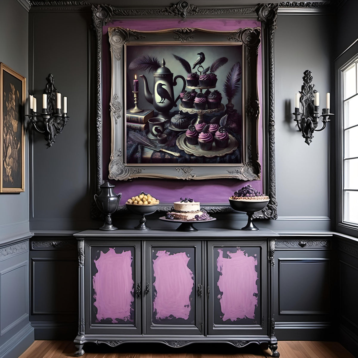 Gothic Raven Tea Party Art Print: Dark Romantic Halloween Decor (Digital Download)