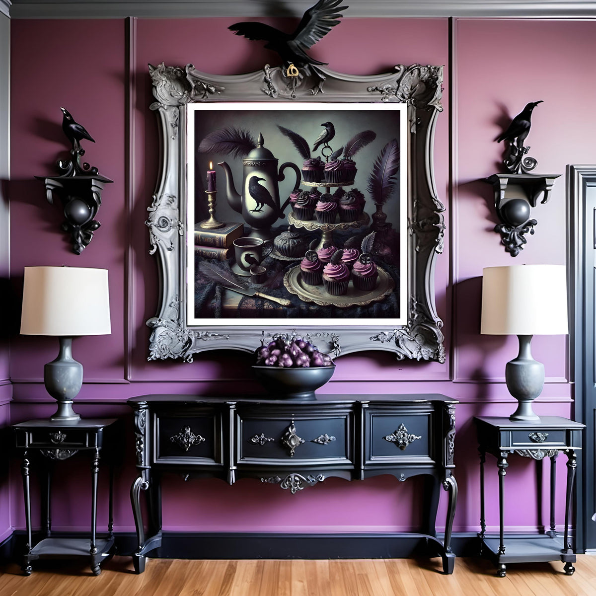 Gothic Raven Tea Party Art Print: Dark Romantic Halloween Decor (Digital Download)