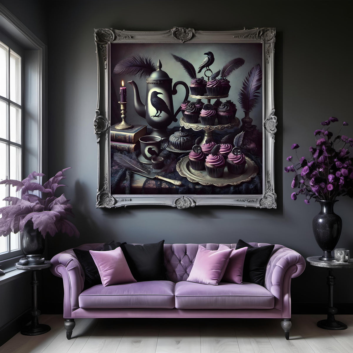 Gothic Raven Tea Party Art Print: Dark Romantic Halloween Decor (Digital Download)