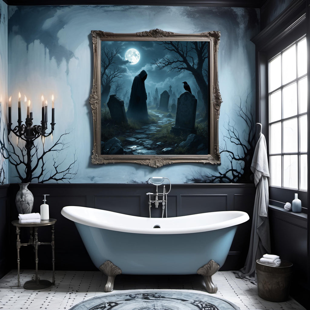 Gothic Graveyard Digital Art Print: Spooky Halloween Cemetery Art