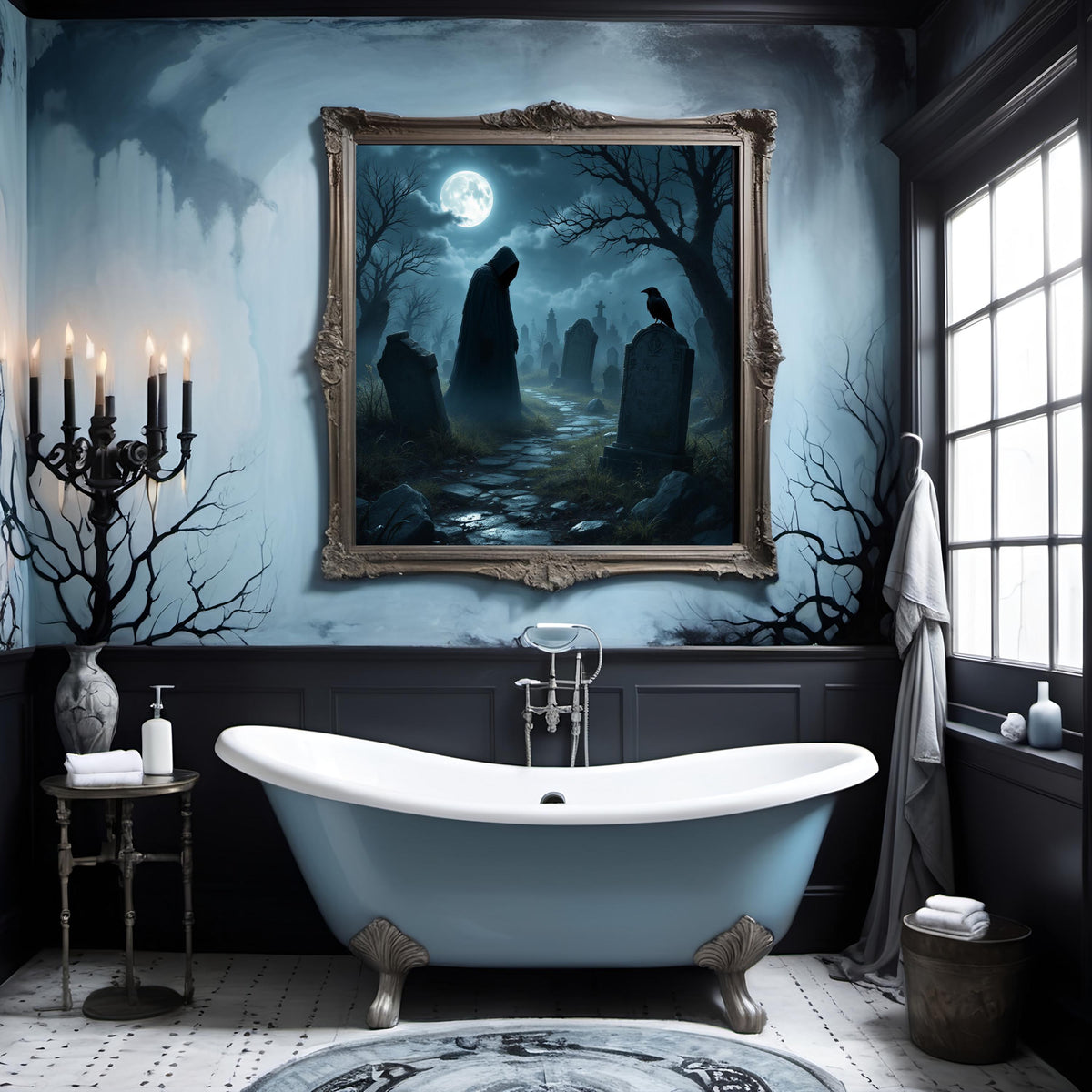 Gothic Graveyard Digital Art Print: Spooky Halloween Cemetery Art