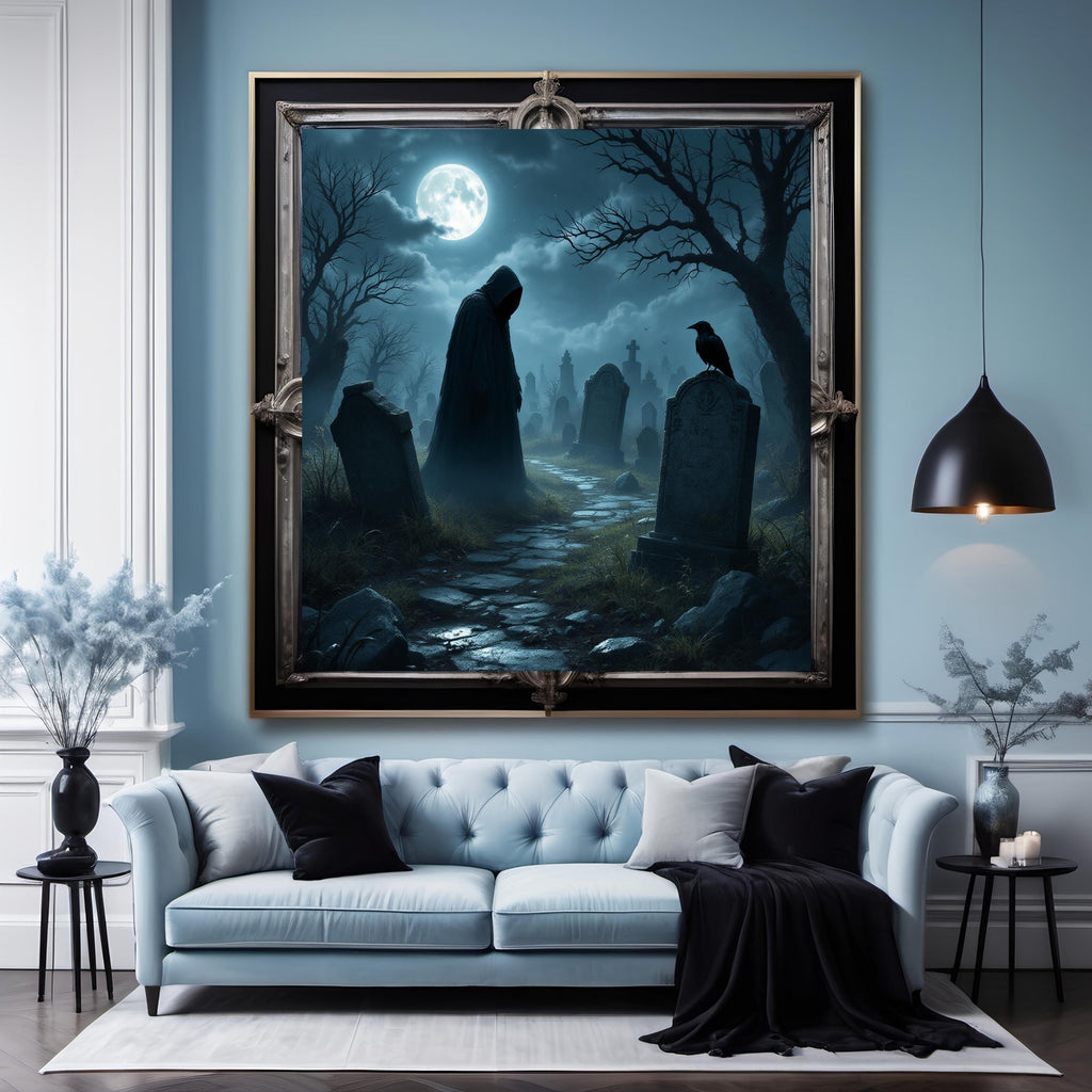 Gothic Graveyard Digital Art Print: Spooky Halloween Cemetery Art