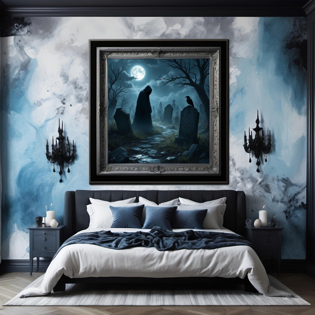 Gothic Graveyard Digital Art Print: Spooky Halloween Cemetery Art