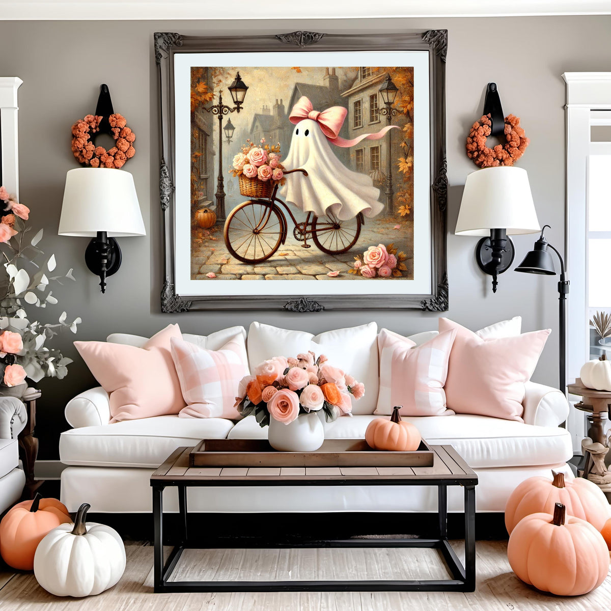 Coral the Ghost on Bike Art Print: Pink Bow, Halloween Decor (Digital Download)