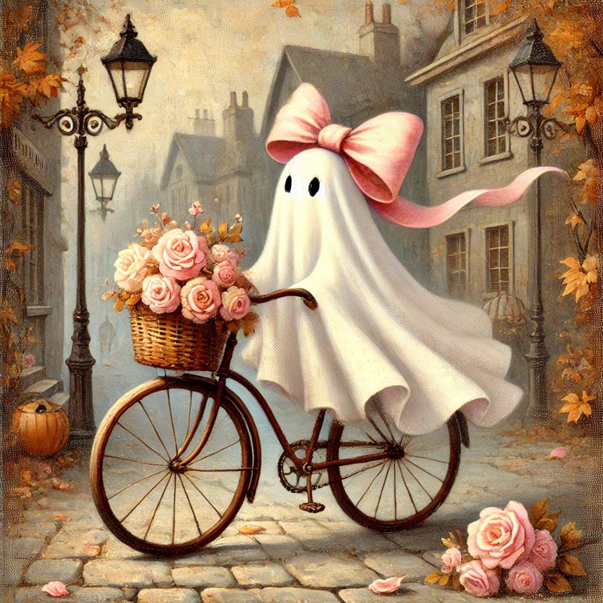 Coral the Ghost on Bike Art Print: Pink Bow, Halloween Decor (Digital Download)